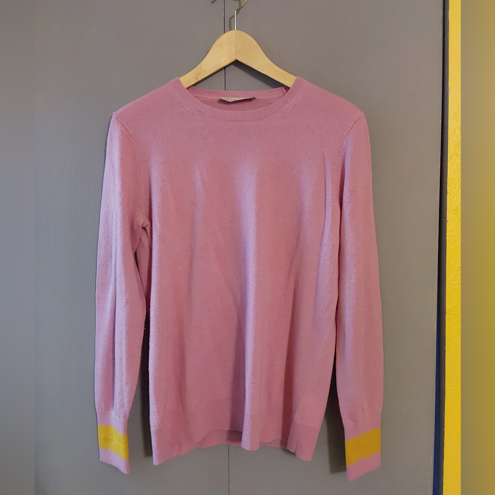 Everlane Pink Crewneck Sweater With Yellow Cuff Stripes